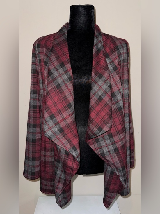 BB Dakota Sweaters - BB Dakota Plaid Drape Front Cardigan Red Grey Open Front Jacket Sweater Medium M